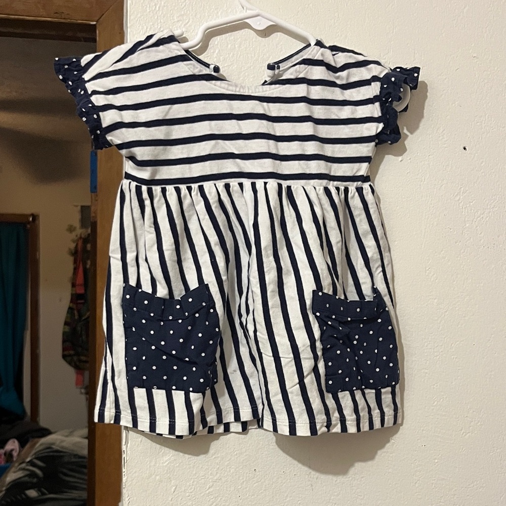 Navy & White Striped Baby Dress with Polka Dot Pockets